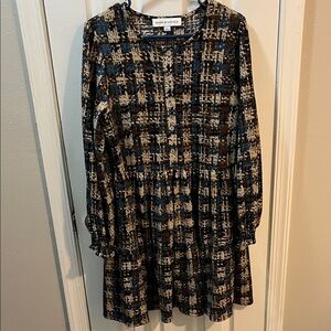 Emma & Michele women’s Long Ruffle Sleeve Plaid blue & brown button Dress Size L